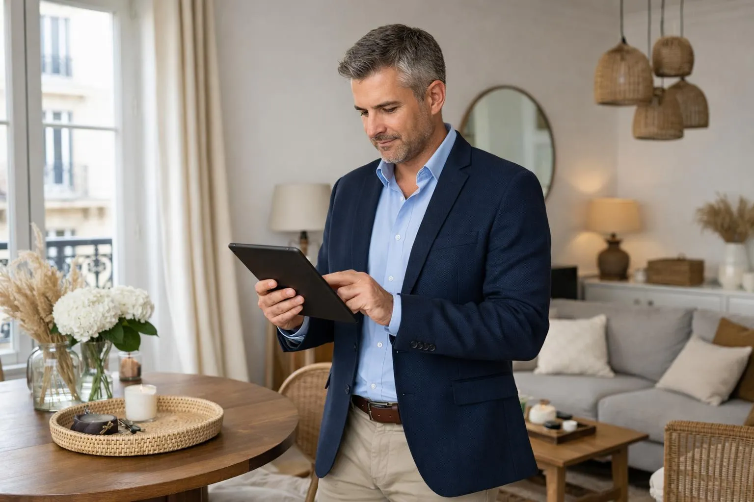 Property manager in modern French apartment consulting rental dashboard on tablet, with keyring and welcome folder on stylish coffee table, natural daylight through large windows, professional yet warm atmosphere reflecting vacation rental management services