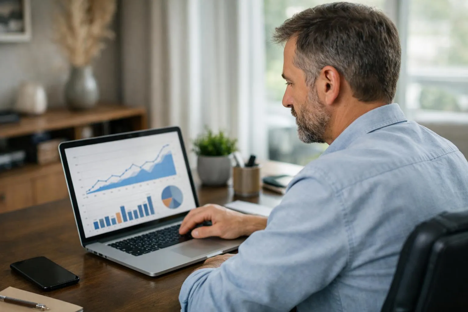 Propriétaire assis à un bureau moderne examinant des graphiques de revenus locatifs sur un écran d'ordinateur portable, avec des courbes financières et des données de performance Airbnb visibles, ambiance professionnelle et lumière naturelle