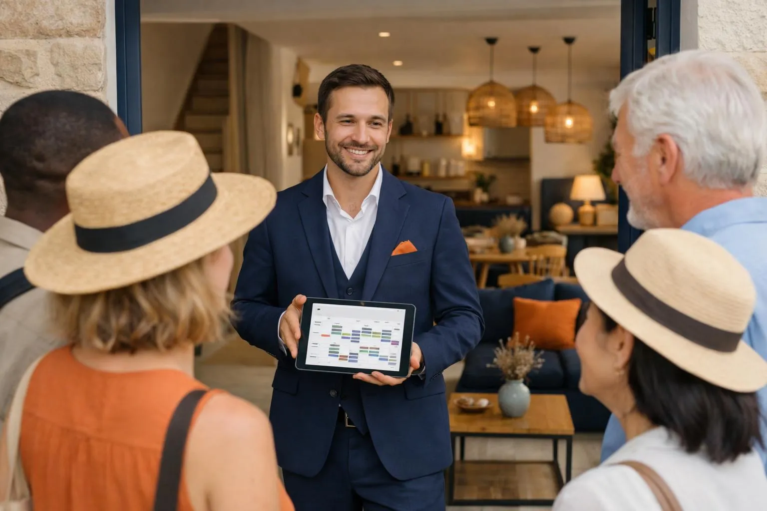 Professional property manager welcoming international guests at elegant French vacation rental entrance, holding tablet displaying synchronized booking calendar from multiple platforms, modern well-decorated interior visible in background, warm natural lighting