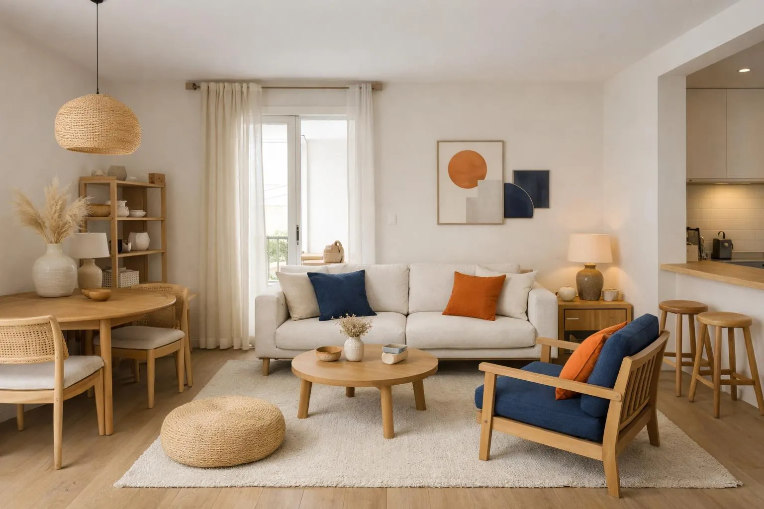 Modern minimalist Japandi-style living room in a French short-term rental apartment, featuring natural wood furniture, neutral beige tones, soft textile accents, and warm ambient lighting creating an inviting zen atmosphere for guests, wide-angle interior shot showcasing the carefully staged space
