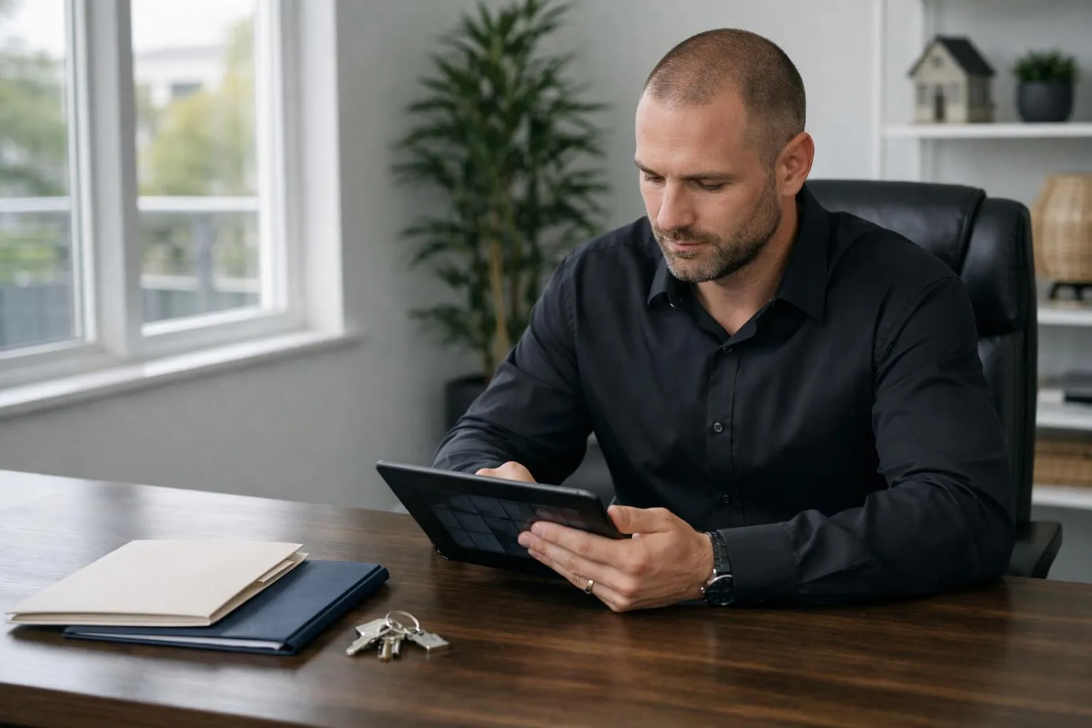 Professional property manager in modern home office reviewing vacation rental calendar on tablet device, with keys and guest welcome folders visible on desk, bright natural lighting through window, contemporary real estate management setting