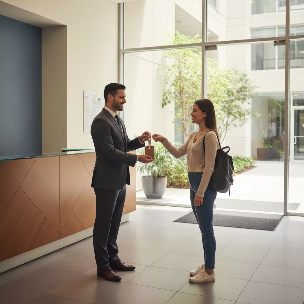 Un concierge amical accueille un voyageur à la porte d