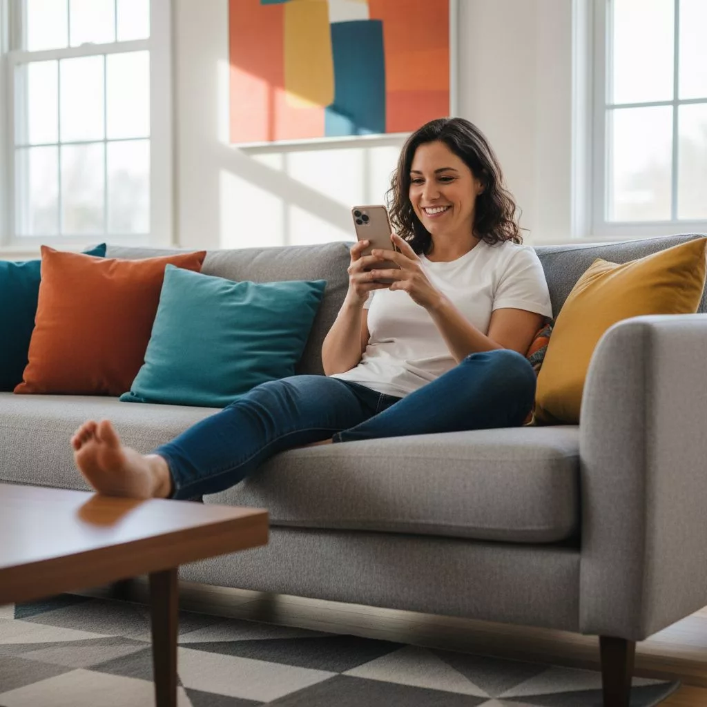 Un propriétaire immobilier souriant, détendu sur un canapé, consultant son smartphone, symbolisant le temps libre gagné ...