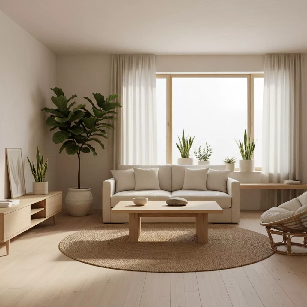 Un intérieur de salon élégant et minimaliste de style Japandi, avec des meubles en bois clair, des plantes vertes et une...