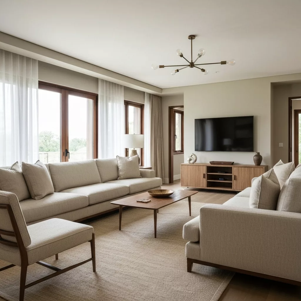 Un salon de style Japandi luxueux, baigné de lumière naturelle, prêt pour les invités Airbnb, incarnant le confort et le...