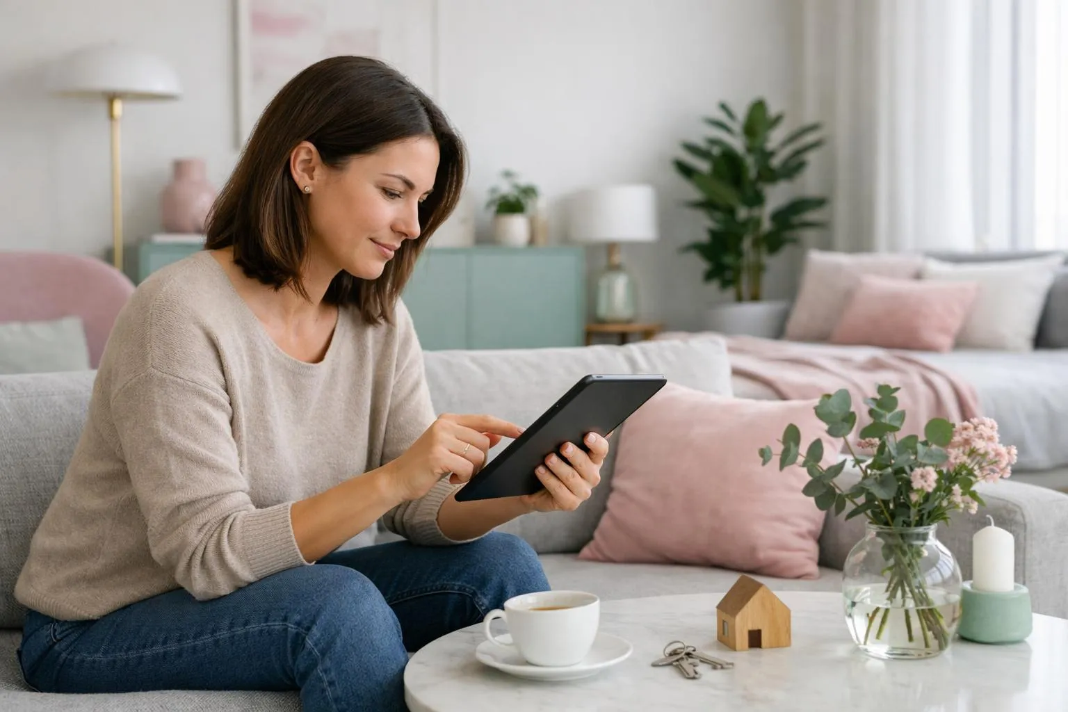 A professional vacation rental property manager reviewing a digital dashboard showing guest messages, cleaning schedules, pricing charts and compliance documents on a tablet in a modern furnished apartment living room