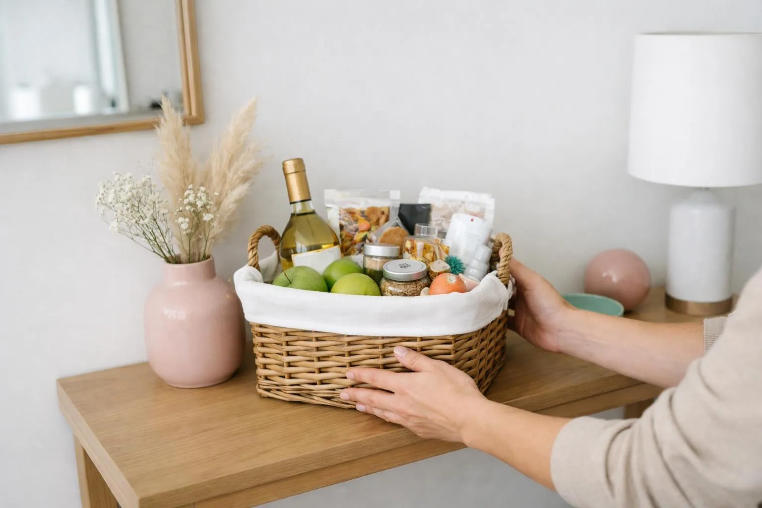 Modern Airbnb apartment entrance with personalized welcome basket containing local products, fresh flowers, handwritten note, and guest information folder on wooden console table in bright daylight