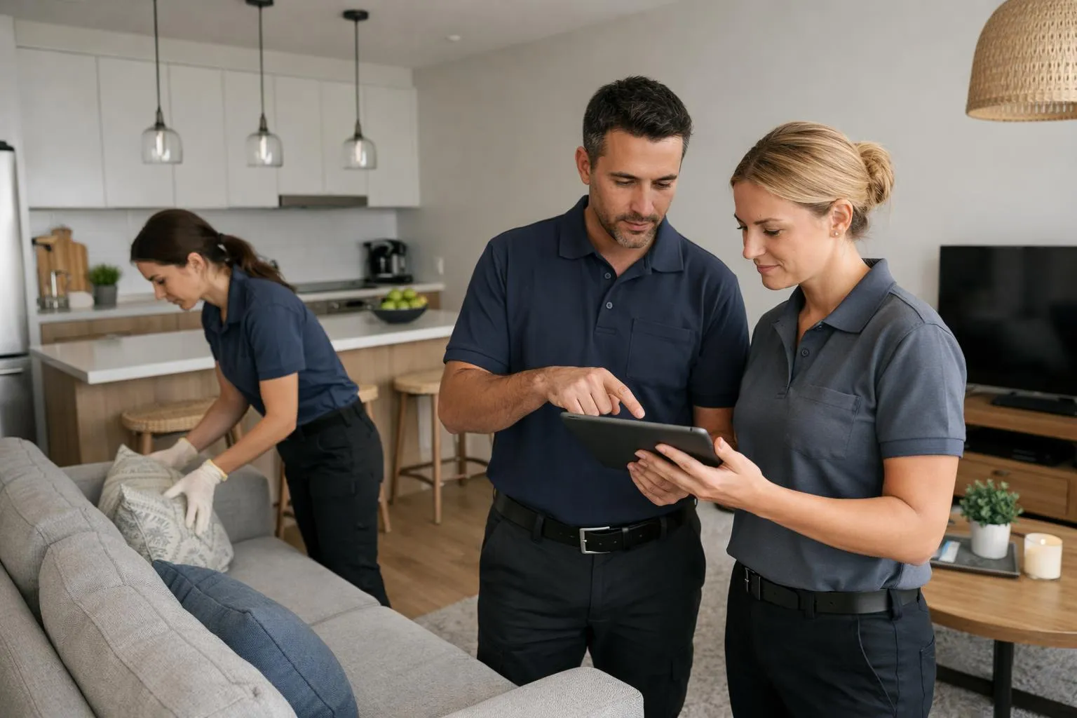 Équipe professionnelle de conciergerie vérifiant une checklist dans un appartement meublé moderne avec salon lumineux et cuisine ouverte, personnel en uniforme discret inspectant la propreté et l'aménagement, tablette numérique en main, ambiance organisée et soignée typique de la gestion locative courte durée haut de gamme