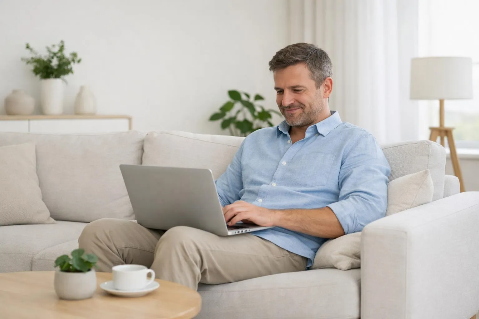 Property owner sitting relaxed on modern sofa at home, smiling while reviewing positive rental income reports on laptop, sunlight streaming through window, peaceful stress-free lifestyle in contemporary living room, professional real estate investment success concept