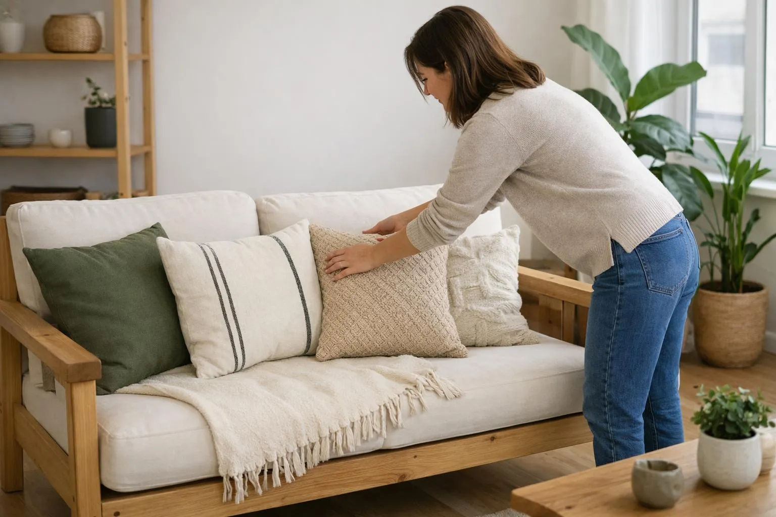 Interior of a modern short-term rental apartment showcasing Japandi design principles with professional staging: minimalist Scandinavian furniture in natural wood, warm Japanese textile accents, neutral color palette, functional multifunctional spaces, plants in ceramic pots, soft natural lighting through large windows, clean uncluttered surfaces, welcoming atmosphere for vacation renters