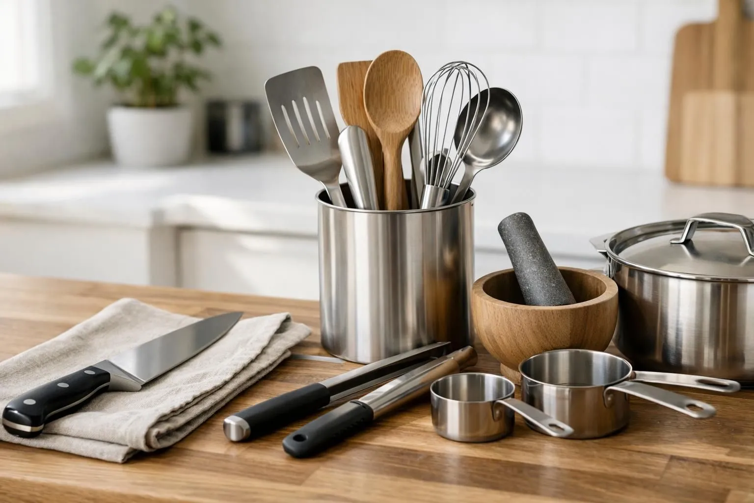 Cuisine moderne de location avec électroménager en acier inoxydable, plans de travail en bois exposant un ensemble de ba...