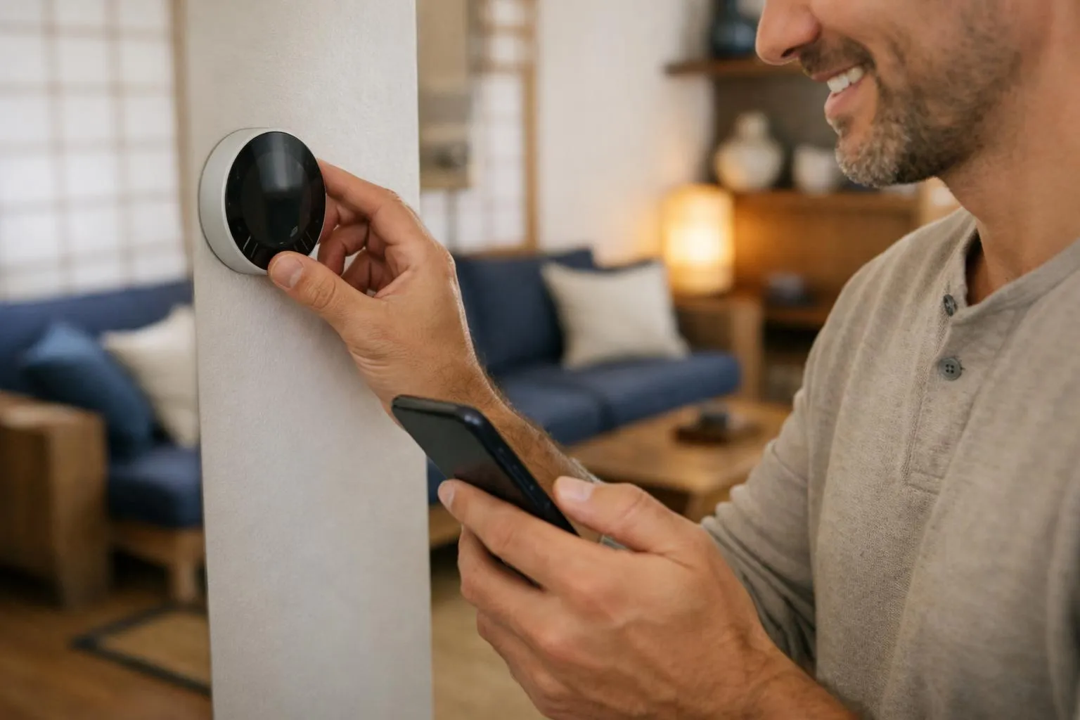 Smiling host testing WiFi connection on smartphone while checking thermostat in spotless Airbnb living room with modern Japanese-inspired decor