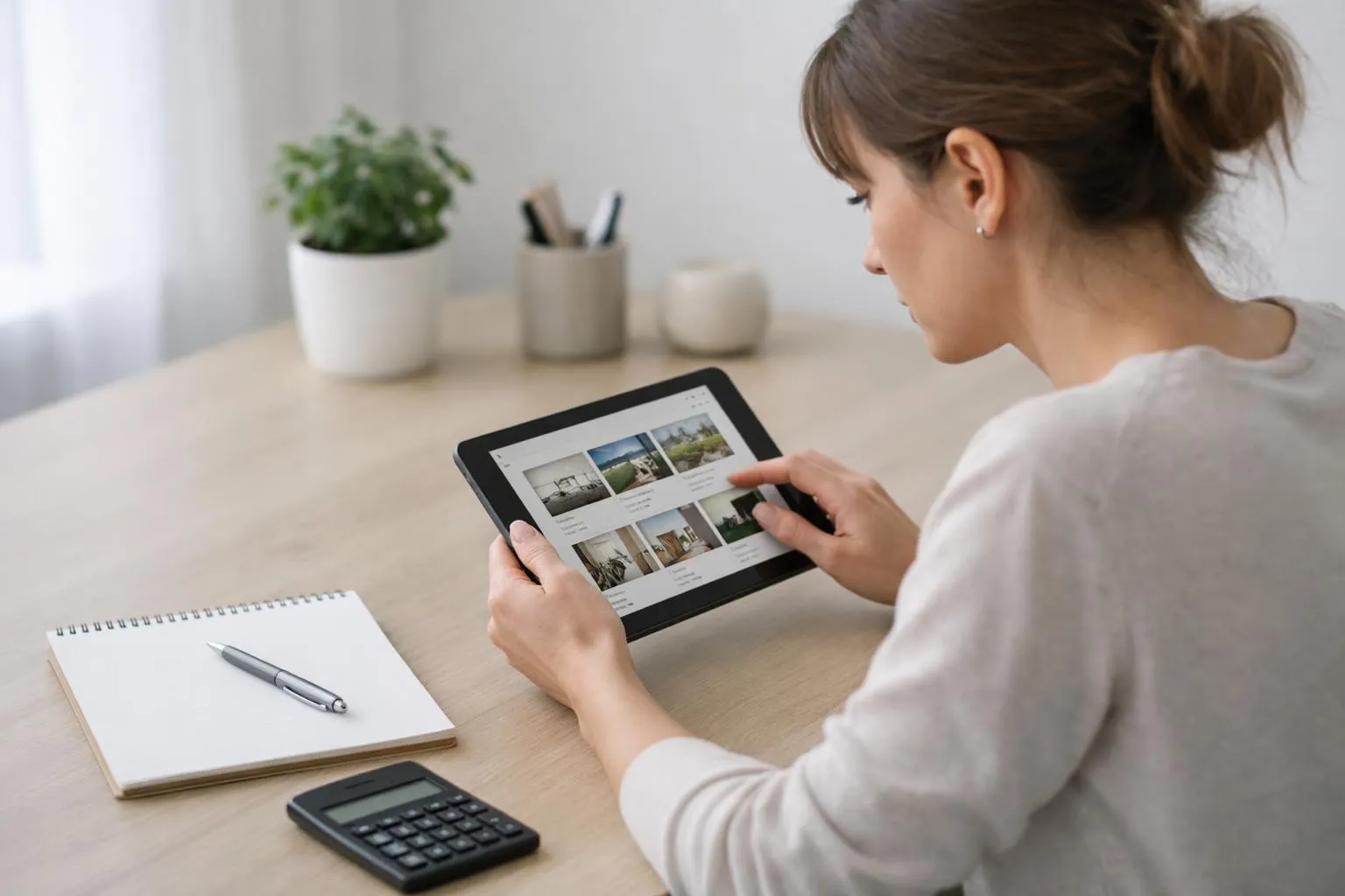 Person comparing multiple property listings on tablet screen with notes and calculator on desk, focused on pricing analysis for short-term rentals