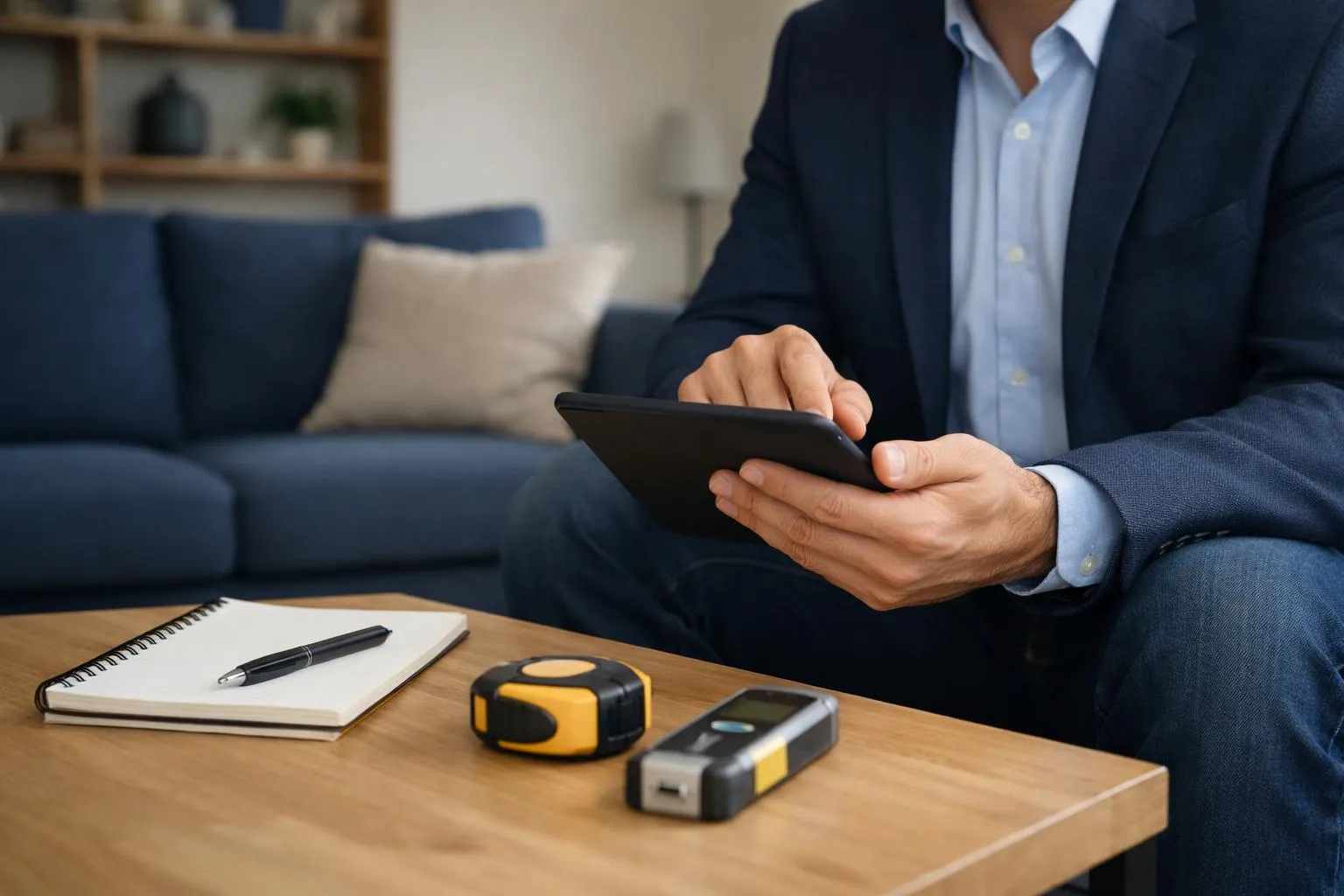 Professional property manager conducting digital audit on tablet in modern vacation rental living room with notepad and measuring tools, natural daylight, realistic photography style