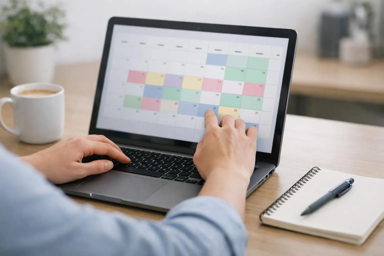 Laptop screen displaying a rental pricing calendar with color-coded price variations across weekdays and weekends, with a hand adjusting rates using a mouse, set in a modern workspace with a coffee cup and notepad, realistic photograph style, no text or labels visible