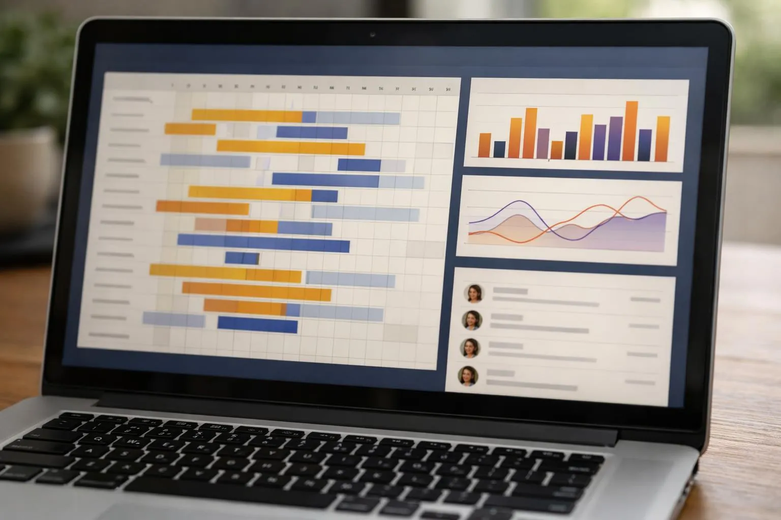 Modern laptop screen displaying synchronized booking calendars from multiple platforms with color-coded reservations, revenue graphs and automated guest messages for vacation rental property management