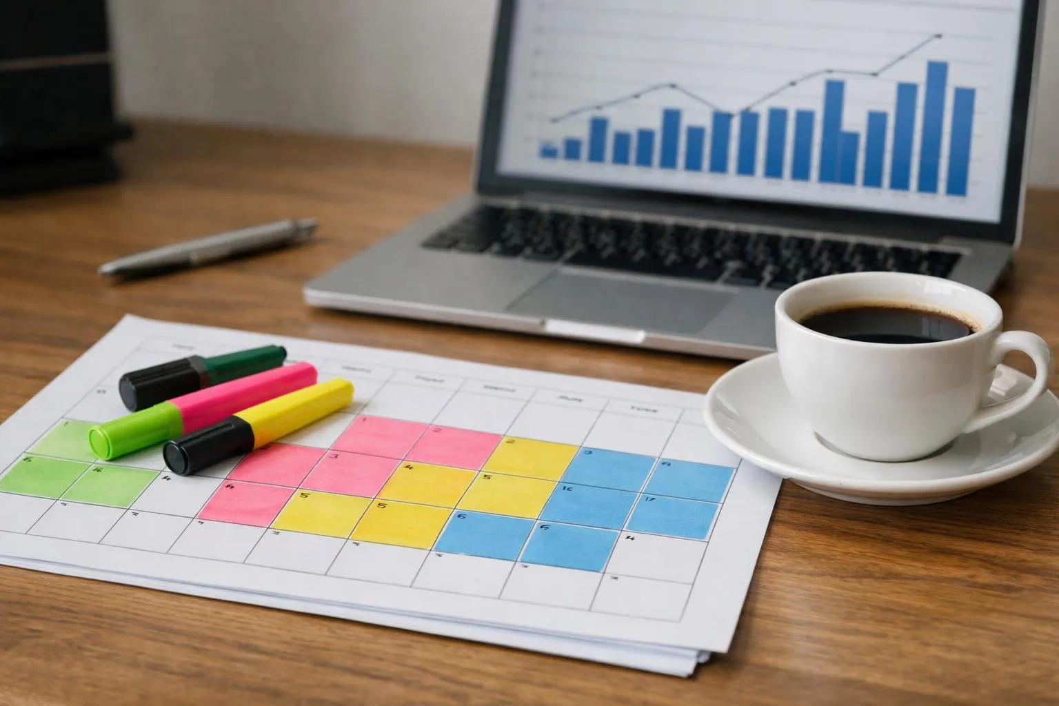 Calendar spread on wooden desk showing color-coded seasonal pricing strategy for vacation rental property, with highlighter markers, coffee mug, and laptop displaying booking graph in background