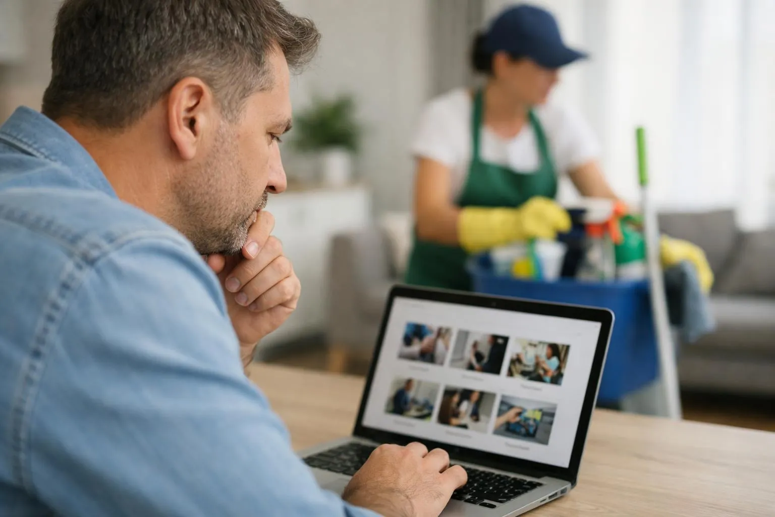 Property owner at kitchen table comparing three options on laptop screen, professional cleaner in background with supplies, modern apartment rental management decision moment, natural daylight, realistic business setting