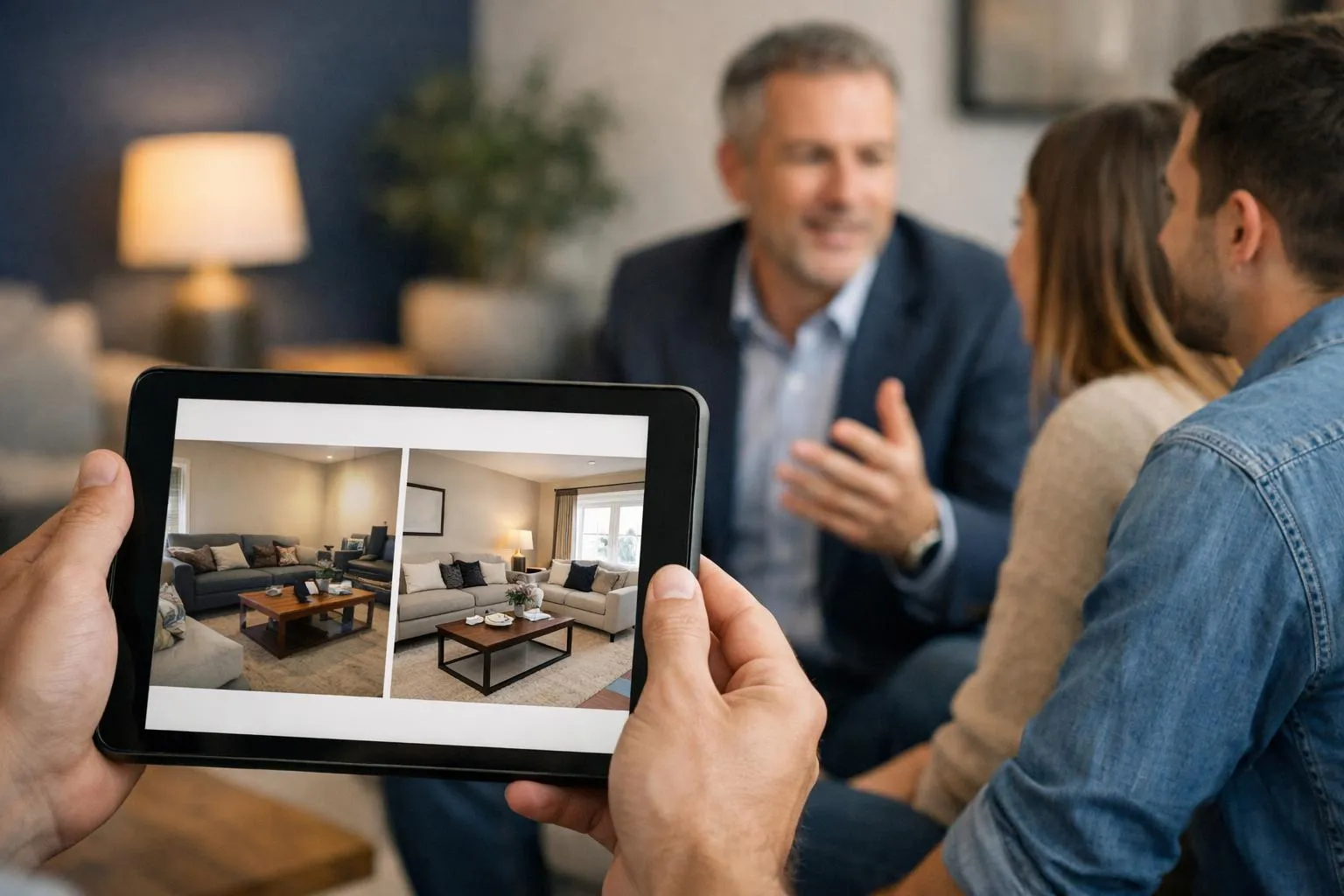 Agent immobilier montrant des photos avant-après de home staging sur une tablette à un couple de propriétaires dans un salon moderne avec mobilier neutre, discussion professionnelle autour d'une table basse