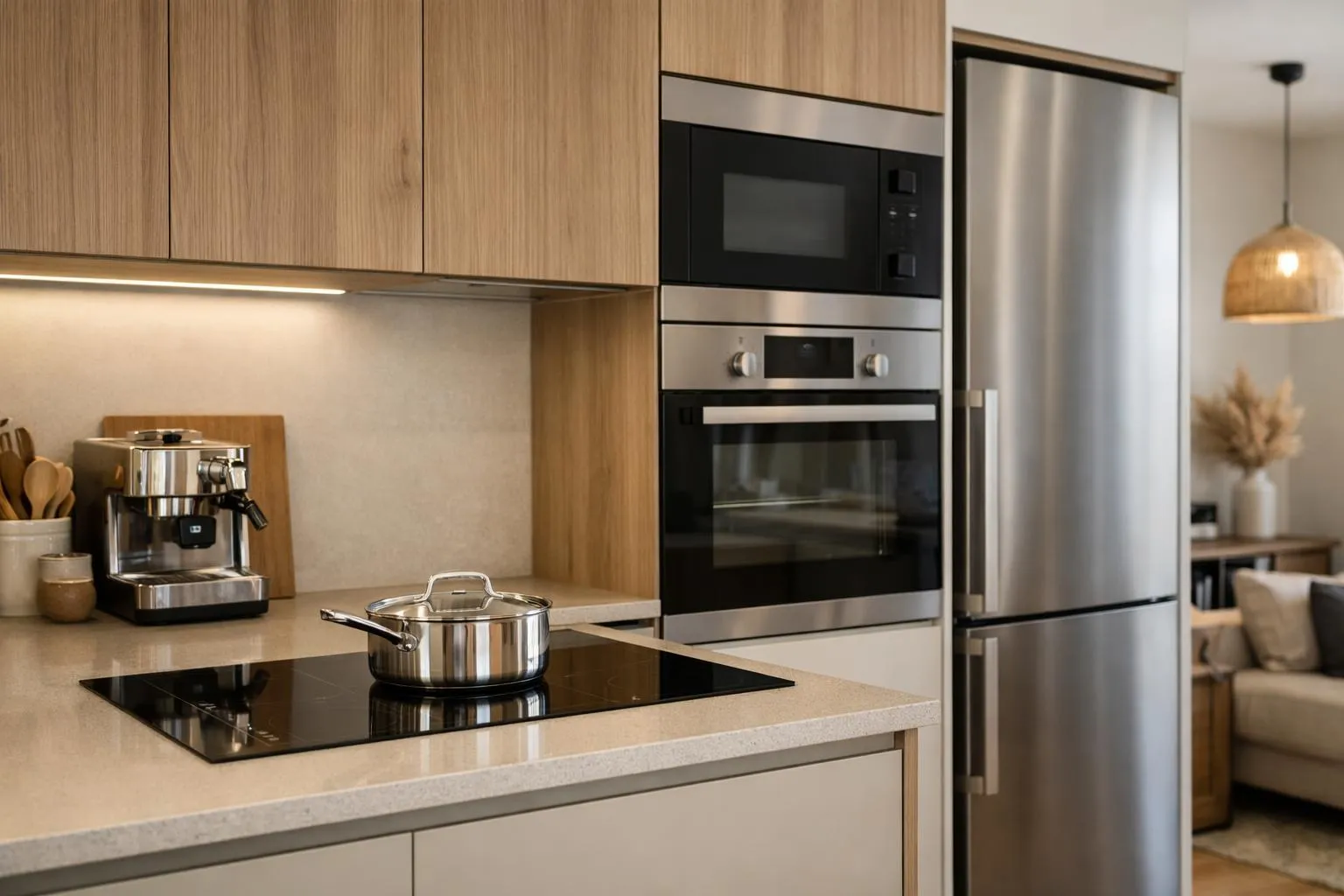 Modern furnished apartment interior showcasing quality sofa, dining table, appliances and tasteful decor representing amortizable assets in LMNP rental property investment