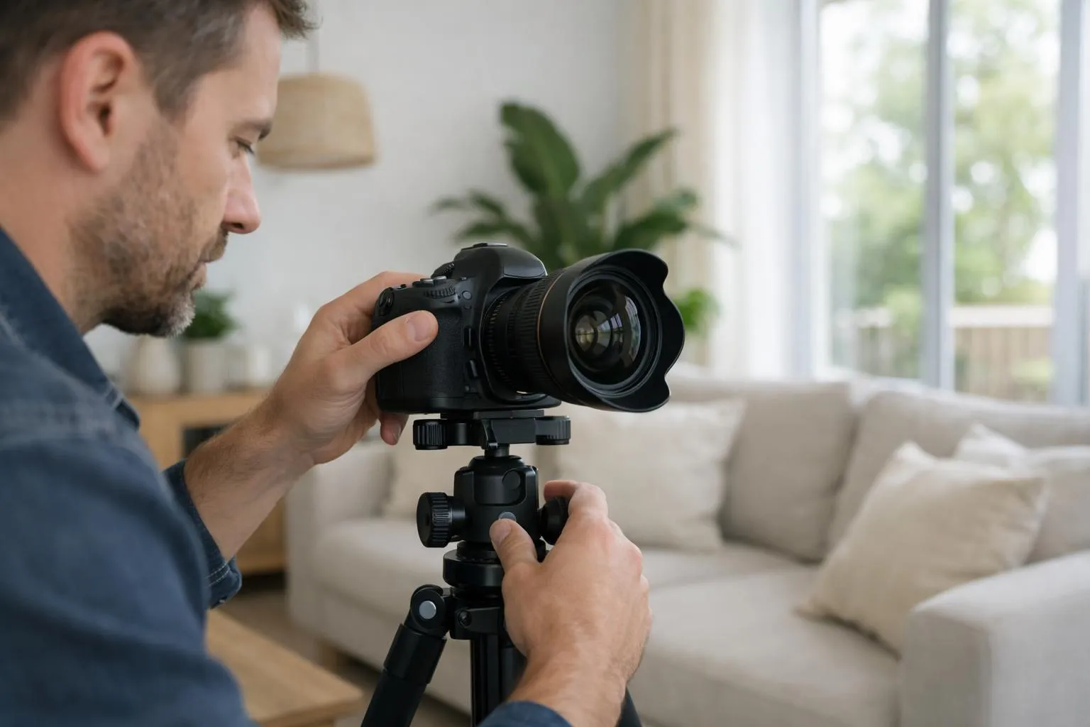Photographe professionnel avec trépied et appareil photo grand angle capturant l'intérieur lumineux d'un appartement de location saisonnière décoré avec goût, canapé beige, plantes vertes, grande fenêtre avec lumière naturelle, composition soignée sans aucun texte ni panneau visible