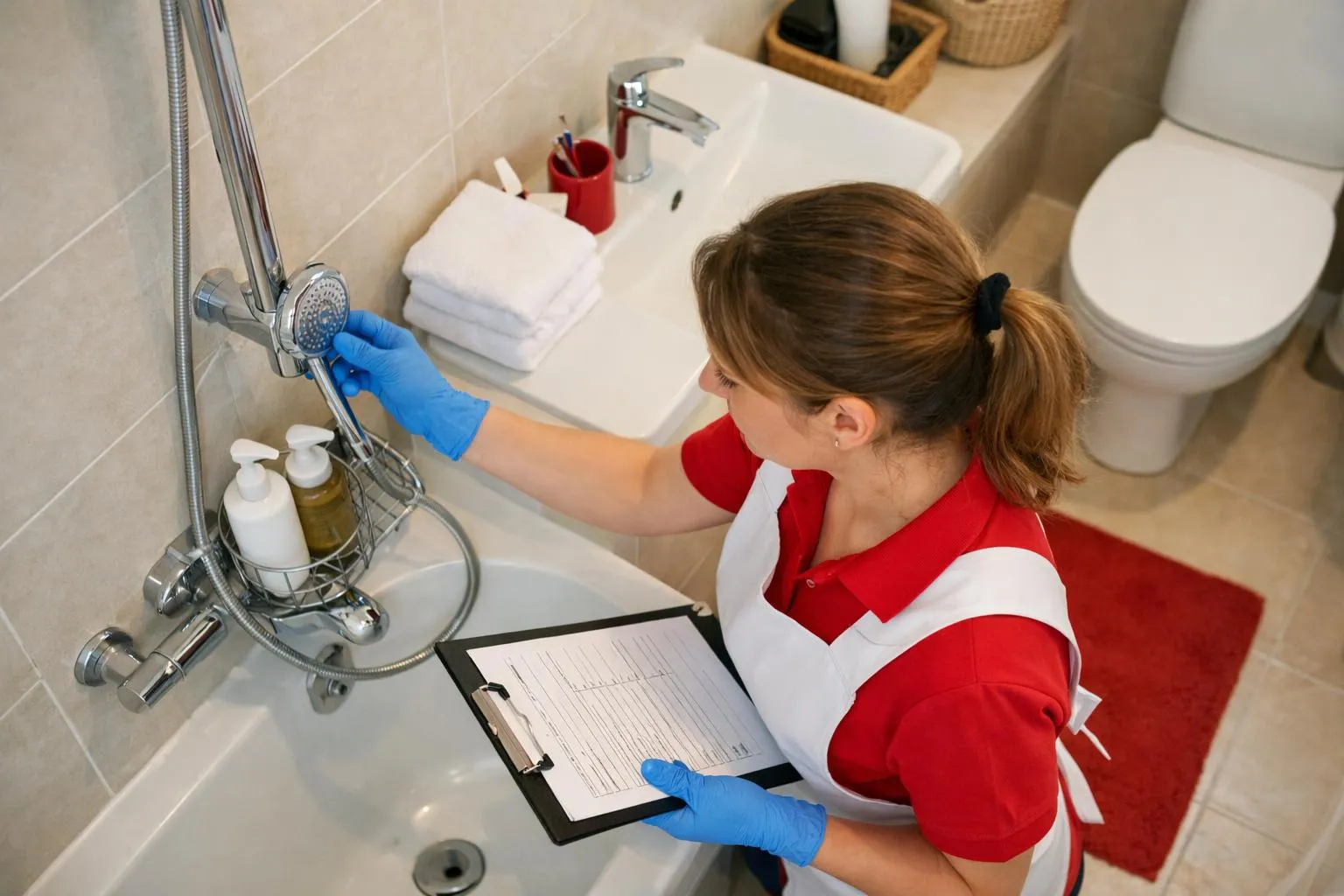 Professional cleaning team member inspecting vacation rental bathroom fixtures with detailed checklist, wearing professional uniform, close-up view of quality control process for Airbnb property management in French residential setting, natural lighting, realistic documentary style, no text visible