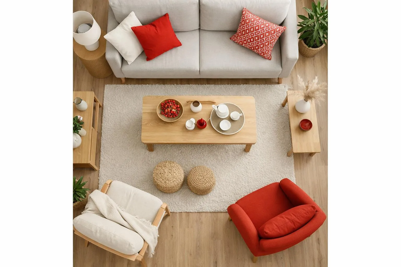 Modern bright living room with minimalist Japandi decor being staged for short-term rental, showing neutral tones, natural wood furniture, and plants arranged by a professional home stager, wide-angle interior shot capturing the transformation process