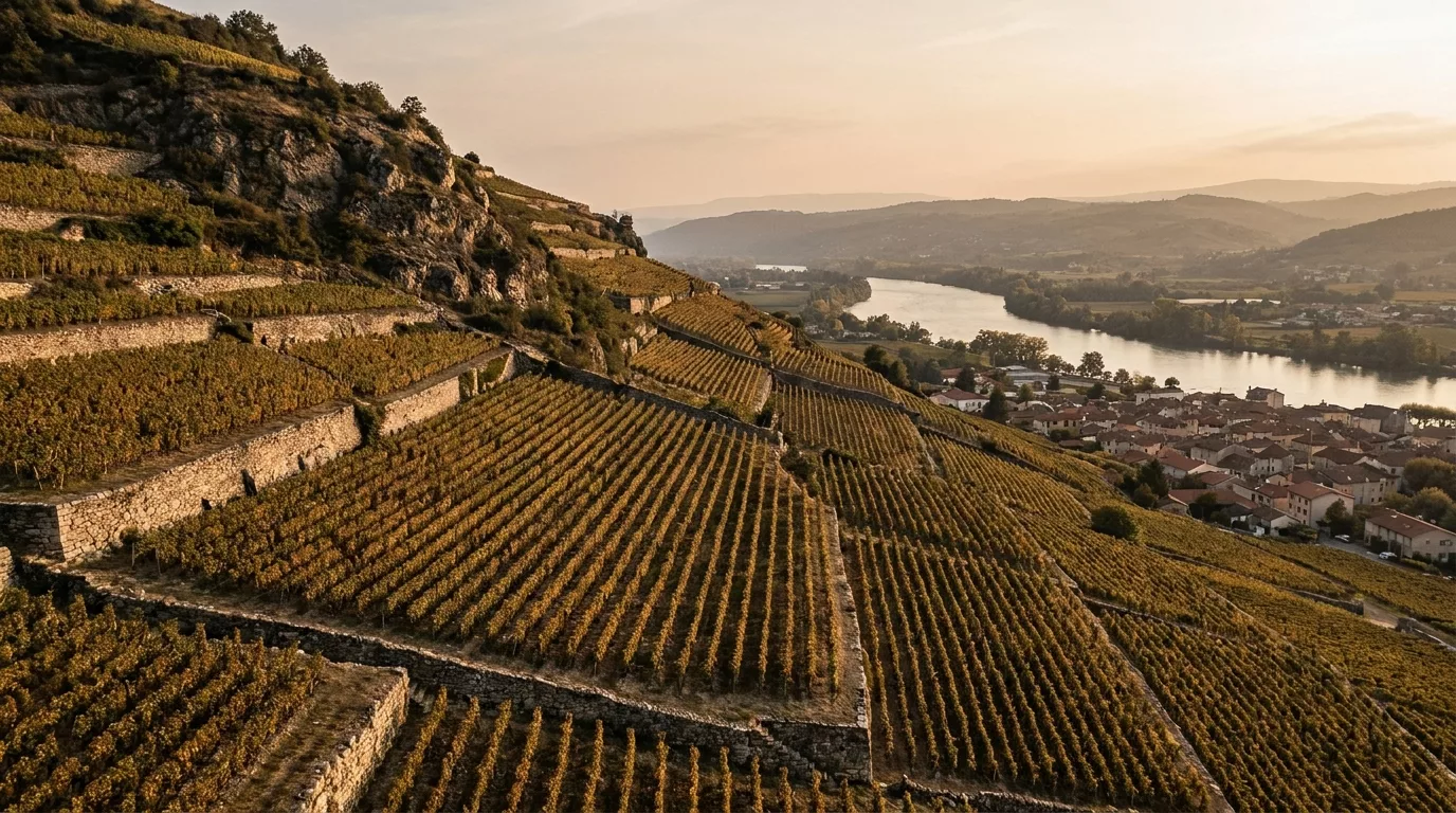 Vignobles en terrasses de l’Hermitage au-dessus de Tain-l’Hermitage, vallée du Rhône