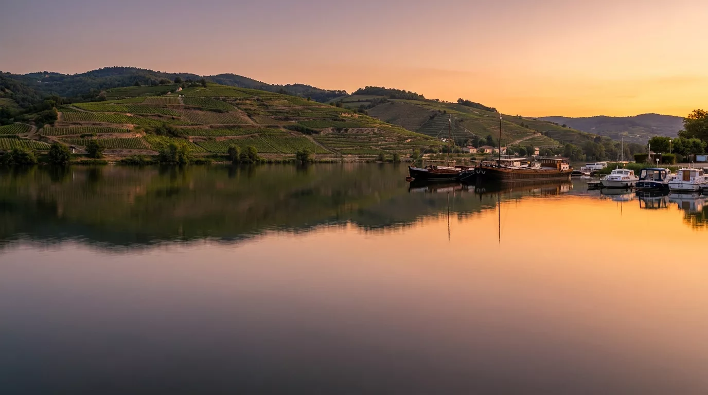 Le Rhône à Tain-l’Hermitage à l’heure dorée, vallée du Rhône en Drôme