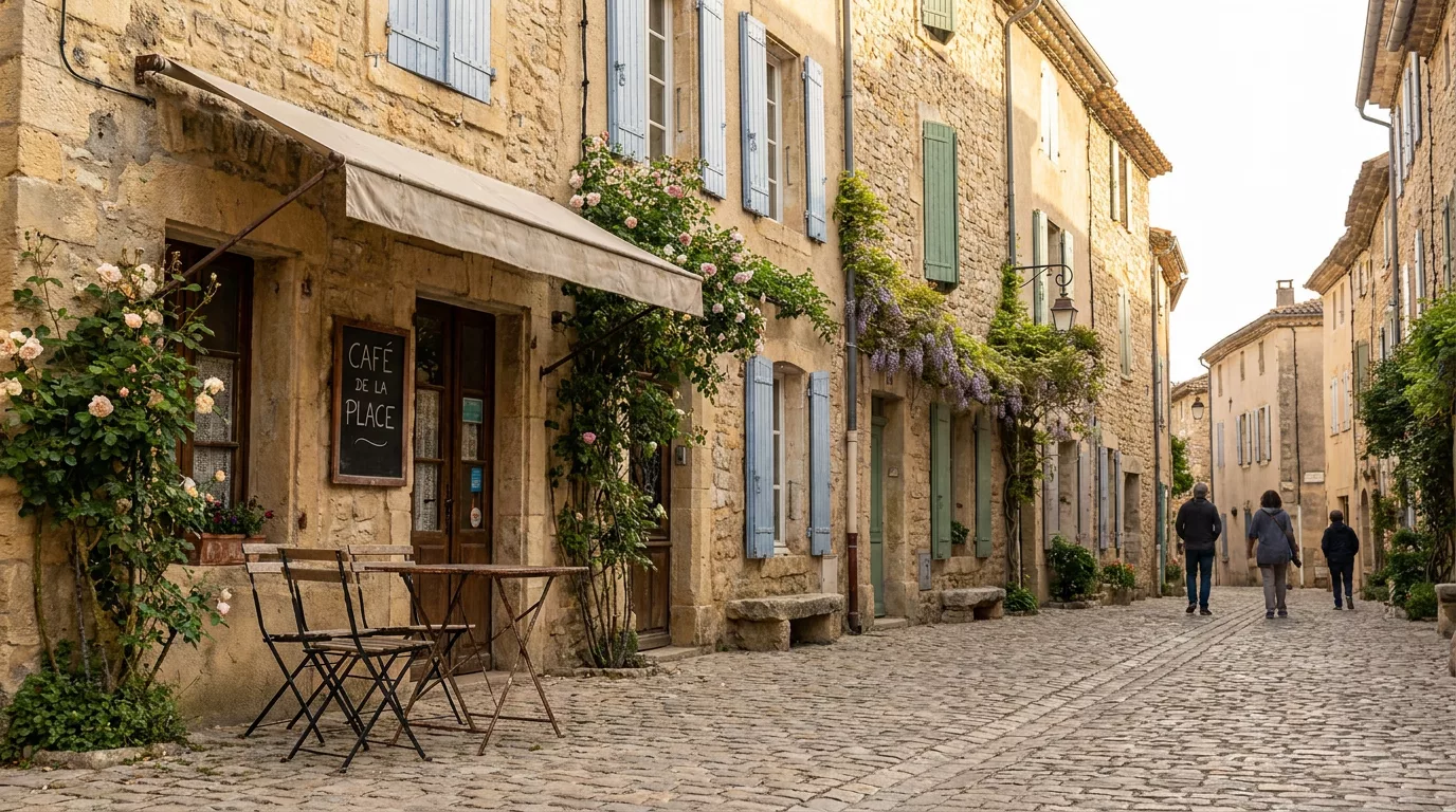 Rue de village en Drôme près de Valence — zone desservie par Japandi Conciergerie