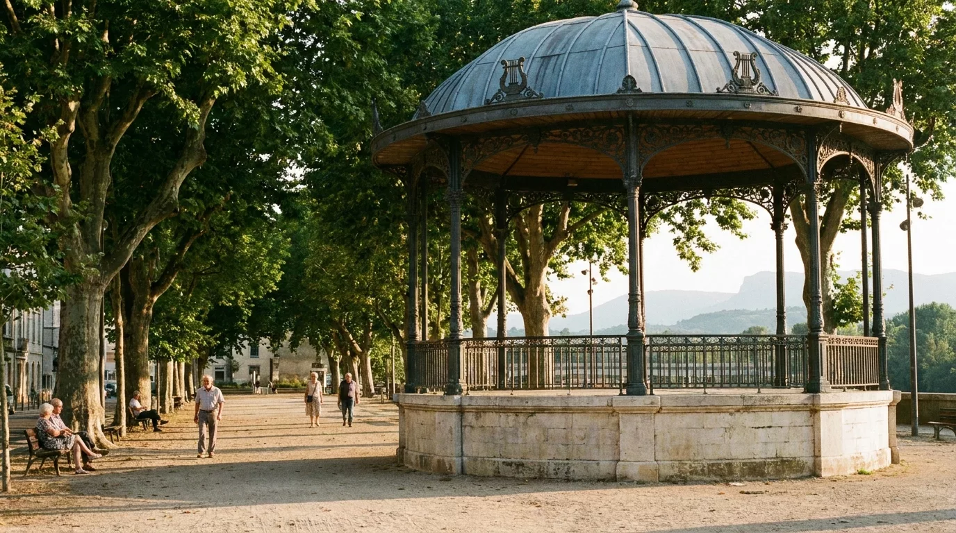 Kiosque Peynet sur le Champ de Mars à Valence, vue vers le Vercors