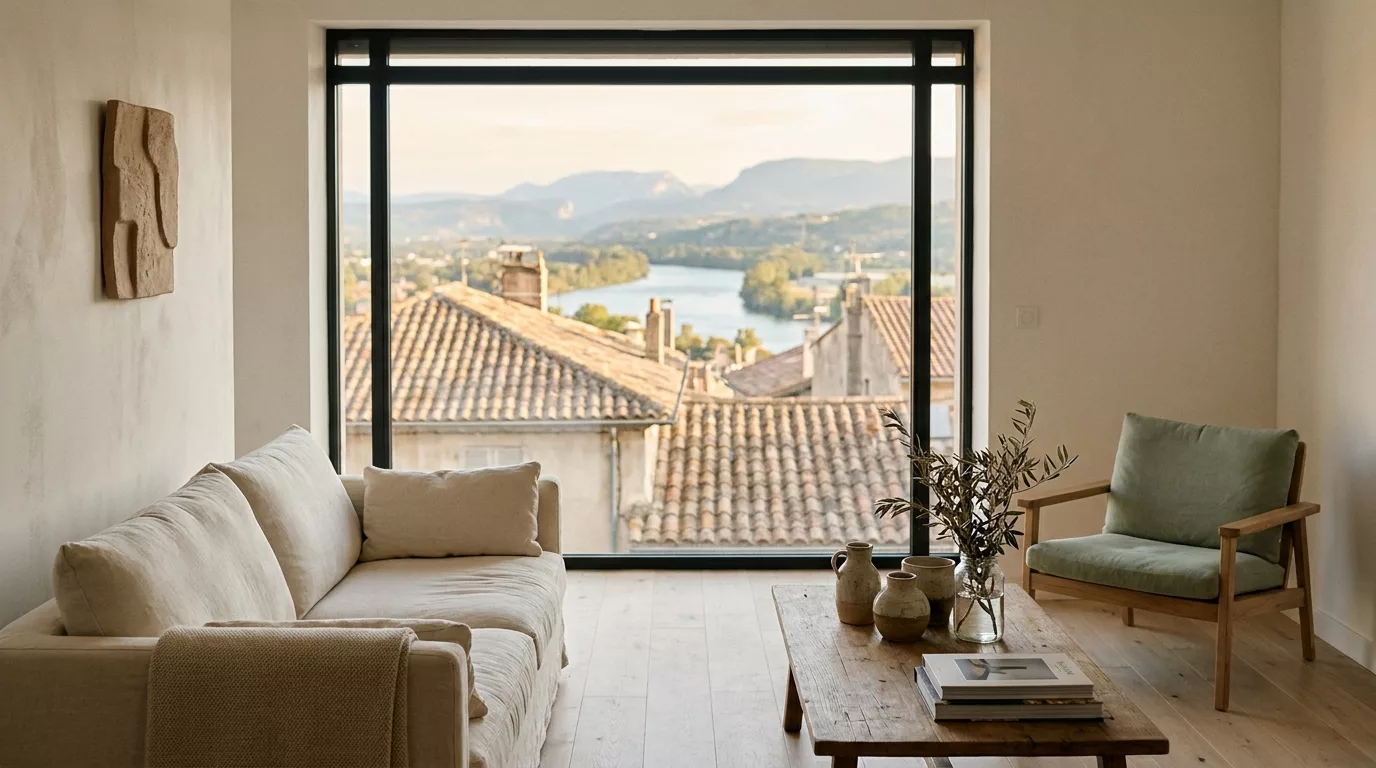 Appartement Japandi à Valence avec vue sur les toits et la vallée du Rhône